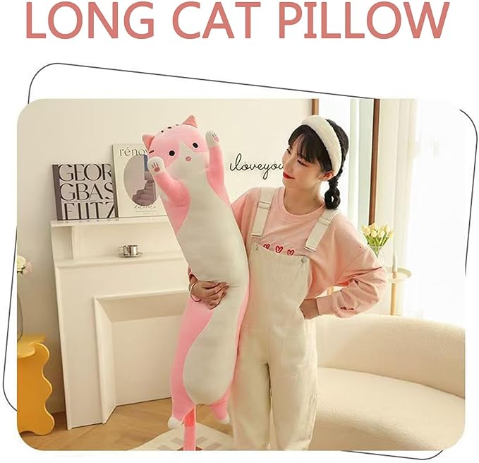 Long Cat Plush Pillow Soft Cat Hugging Pillow Stuffed Animal Pillow Cute Kitty Throw Pillow Gift for Boys Girls(50cm/19.68inch,Pink