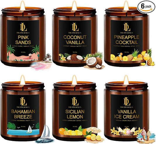 6 Pack Scented Candles Set, 42oz 300 Hour Long Lasting Candle, Soy Candles for Home Scented, Scents of Coconut Vanilla/Pineapple Cocktail/Sicilian Lemon/Pink Sands/Bahama Breeze/Vanilla Ice Cream
