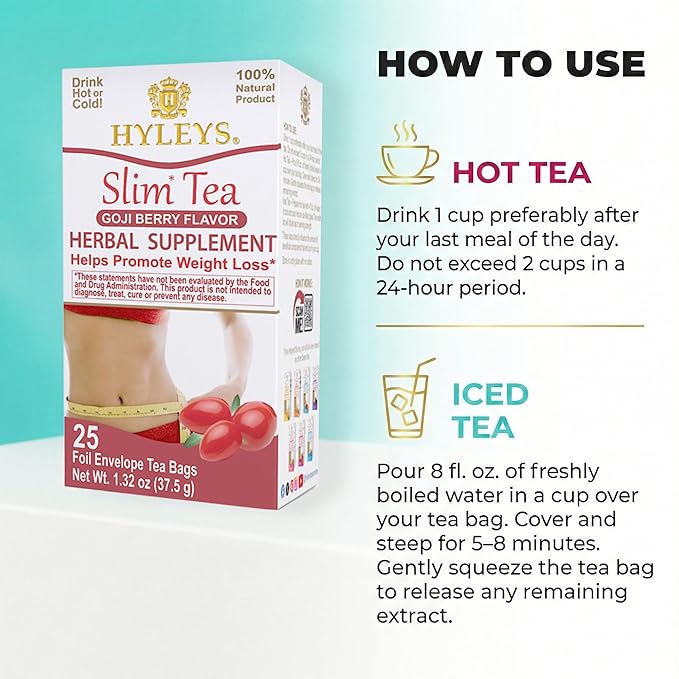 Hyleys Slim Tea Goji Berry Flavor - Weight Loss Herbal Supplement Cleanse and Detox - 25 Tea Bags (12 Pack)