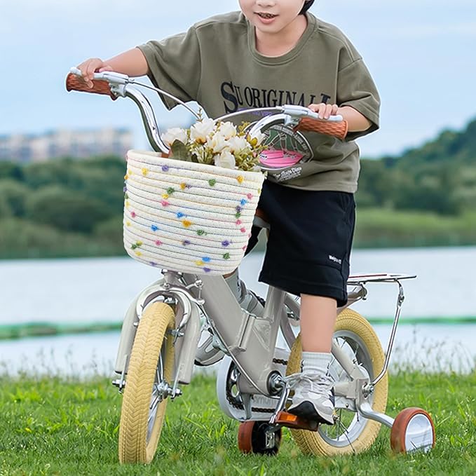 Kids Bike Basket for Boys and Girls, Children's Bicycle Basket Woven With Sisal Rope, Cute Decorative Accessories for Balance Bikes and Scooters