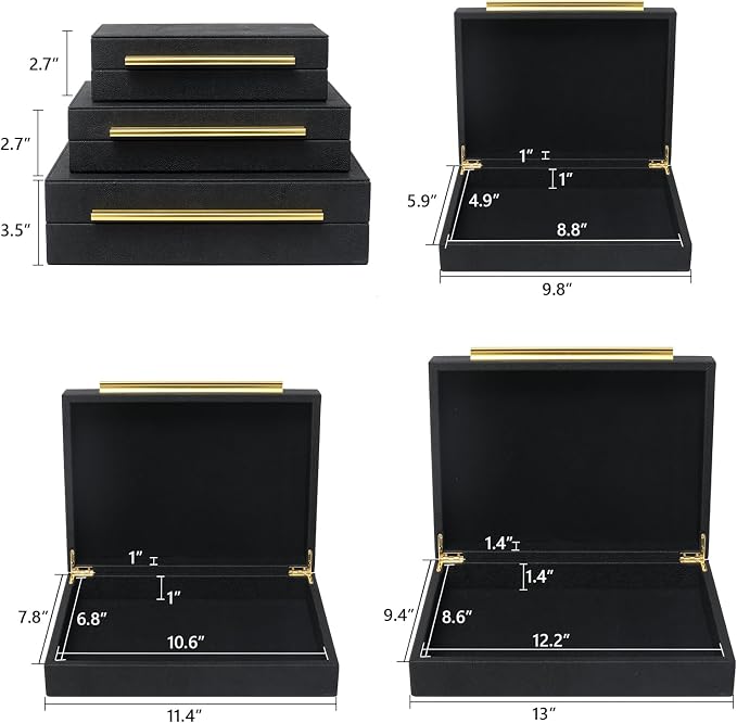 Faux Shagreen Decorative Stackable Jewelry Storage Boxes Set of 3,Black | Jewelry Organizers with Gold Metal Handles & Velvet Lining, Modern Black Box for Vanity, Entryway & Coffee Table Décor
