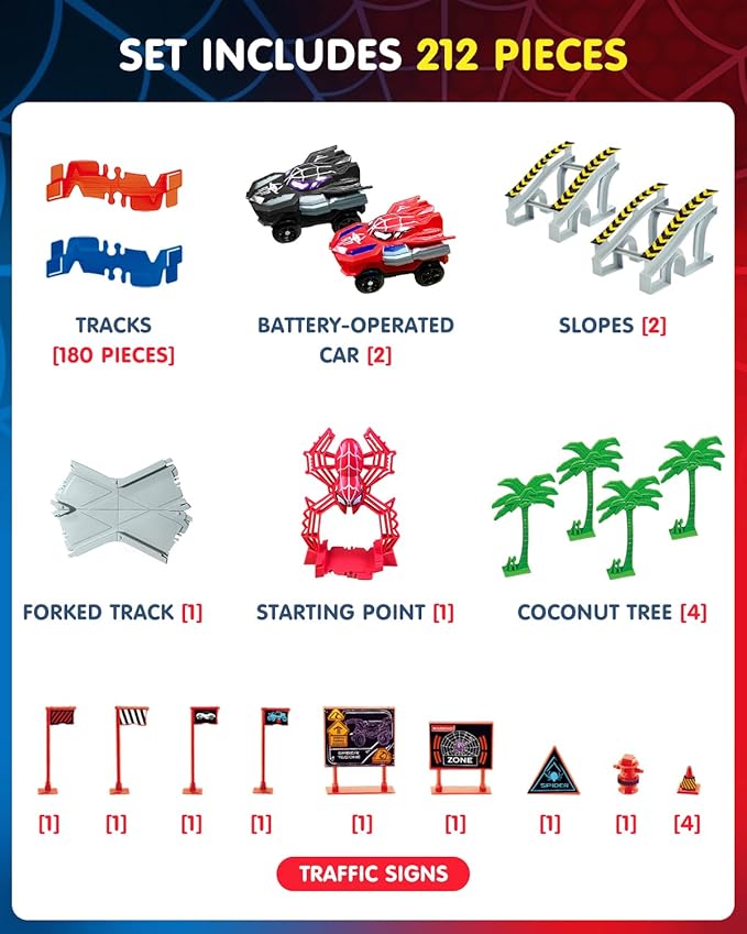 Spider Tracks Car Toys for Boys Ages 3-8, 2 Spider Cars & 212PCS Flexible Race Track, STEM Building Toy Gift for 3 4 5 6 7 8 Year Old Kids