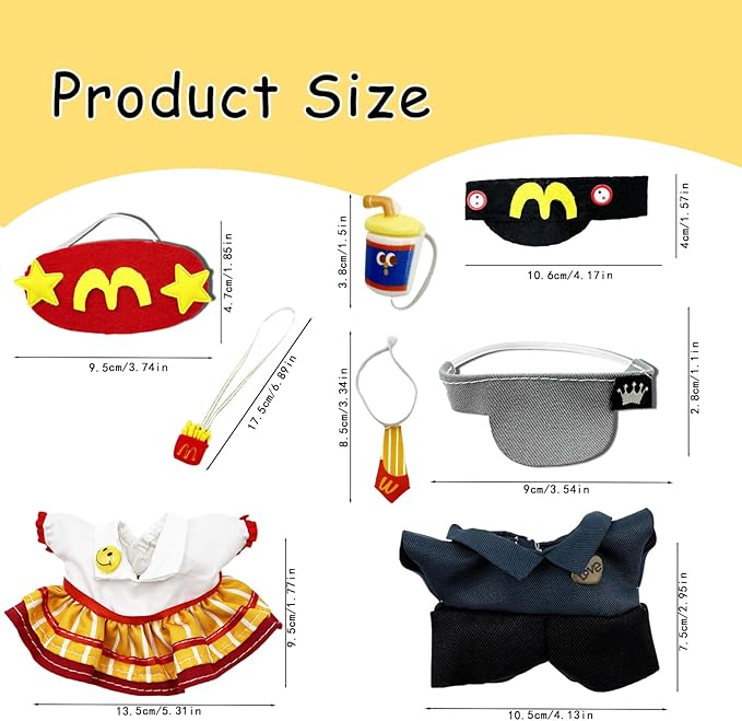 Doll Clothes for Labubu,Cute Outfit for 17cm Doll Clothe 2/3PCS Clothes and Hats Stylish Dolls Clothe for 17 cm Labubu,Casual Style Costumes for Labubu Dolls (Red Black McDonald's Set)