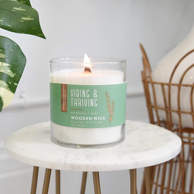 Essential Elements by Candle-Lite Company Wood Wick Scented Candle, Vibing & Thriving, One 16 oz. Single-Wick Aromatherapy Candle with 50 Hours of Burn Time, White