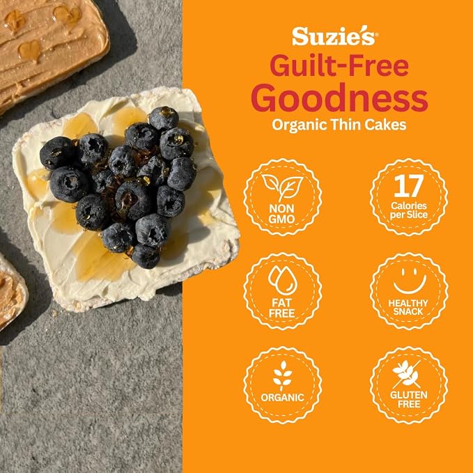 Suzie's Organic Lightly Salted Corn Cake Thins|12 Pack|USDA Organic, NON-GMO, Fat-Free, Sugar-Free, Gluten-Free|Low-Calorie Snack-16 Calories Per Slice|Bread & Cracker Replacement
