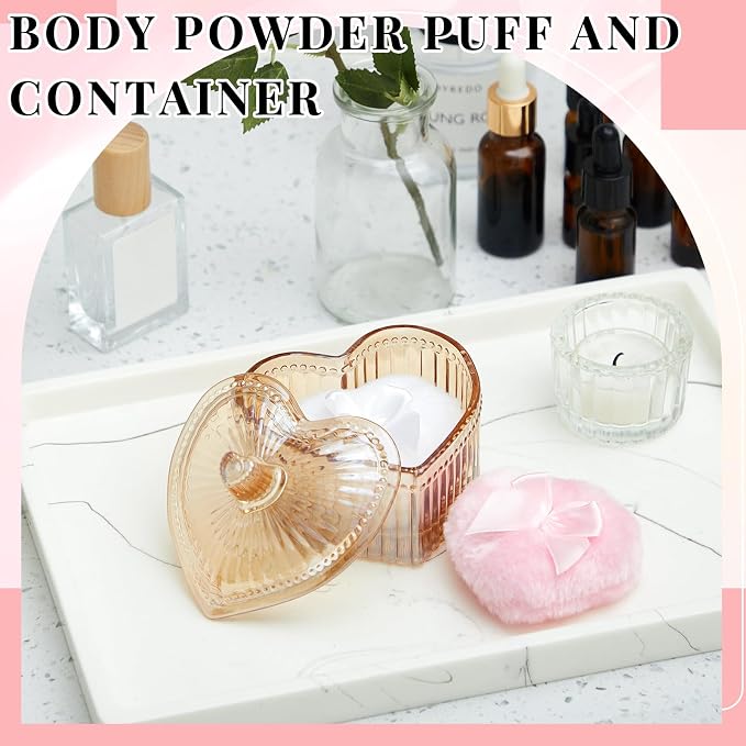 Tioncy 3 Pcs Large Body Powder Puff and Container Valentine's Day gift Powder Container with Puff Crystal Case Soft Washable Reusable Velour Face Body Glitter Wet Dry Makeup(Hammered Heart,Amber)