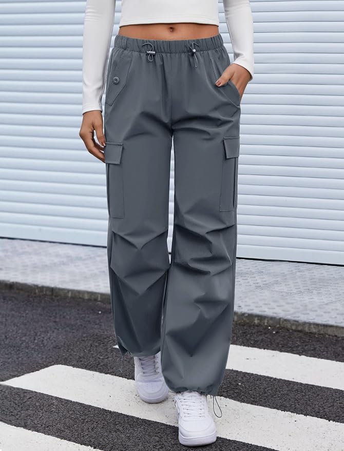 COPYLEAF Cargo Pants Women Elastic Waisted Parachute Hiking Pants with Pockets Water-Resistant Lightweight Baggy Pants