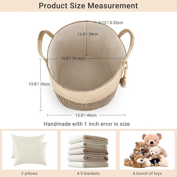 Mkono Woven Storage Basket for Blanket, Toys Plant Organizer, 16"W x 13.8"L | Yellow and Black, Decorative Basket with Handle, Wood Beads Tassel, Shoes Clothes Storage Bin, Living Room Bedroom Nursery