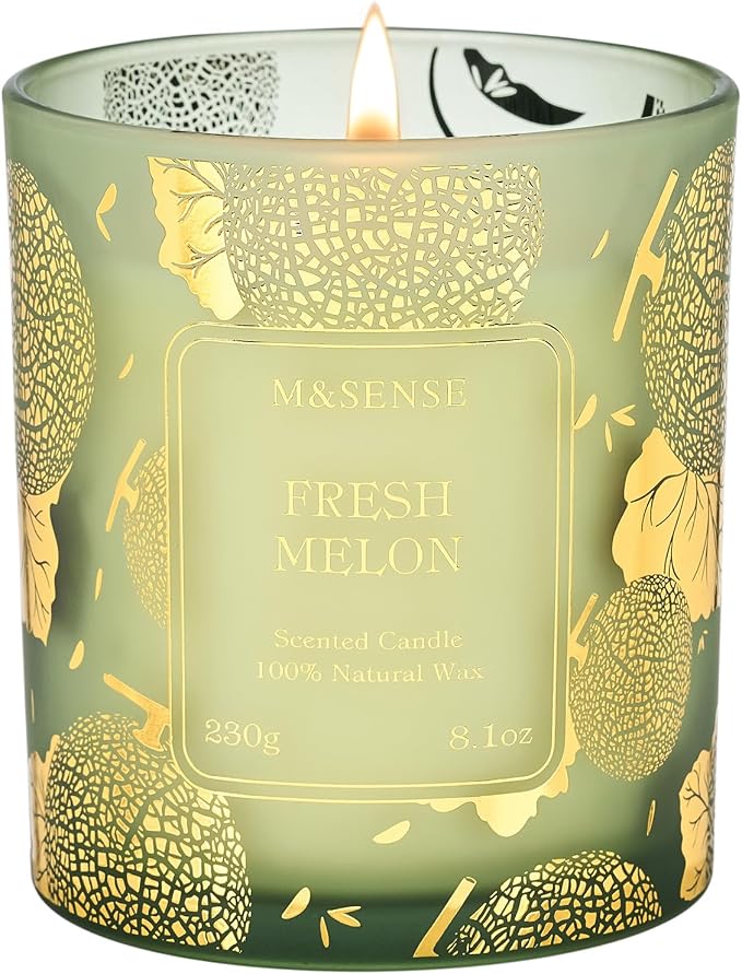 M&SENSE Fresh Melon Soy Candle, 8.1oz Gilded Glass Summer Refresh | 42H Long Lasting, Gilded Glass, Fresh Home Fragrance, Sensitive-Safe, Warmer Lamp Use, Reusable Jar
