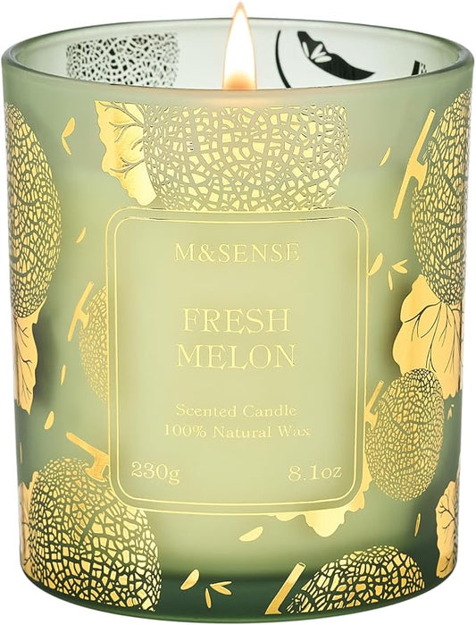 M&SENSE Fresh Melon Soy Candle, 8.1oz Gilded Glass Summer Refresh | 42H Long Lasting, Gilded Glass, Fresh Home Fragrance, Sensitive-Safe, Warmer Lamp Use, Reusable Jar