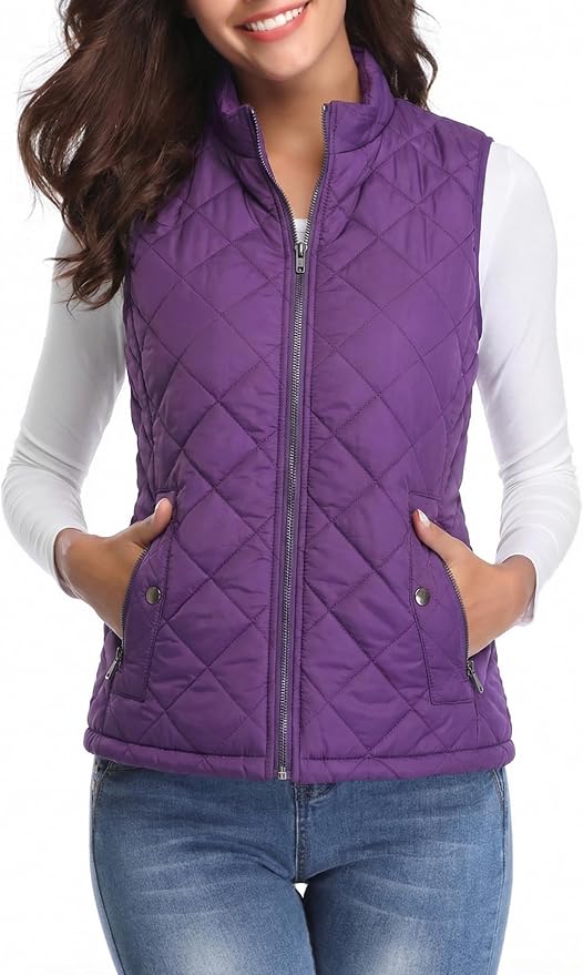 Fuinloth Women's Quilted Vest Lightweight Puffer Stand Collar Zip Gilet | 4 pockets with 2 inner storage. Quilted padded warm gilet. Fall winter outerwear layering vest for travel hiking daily wear.