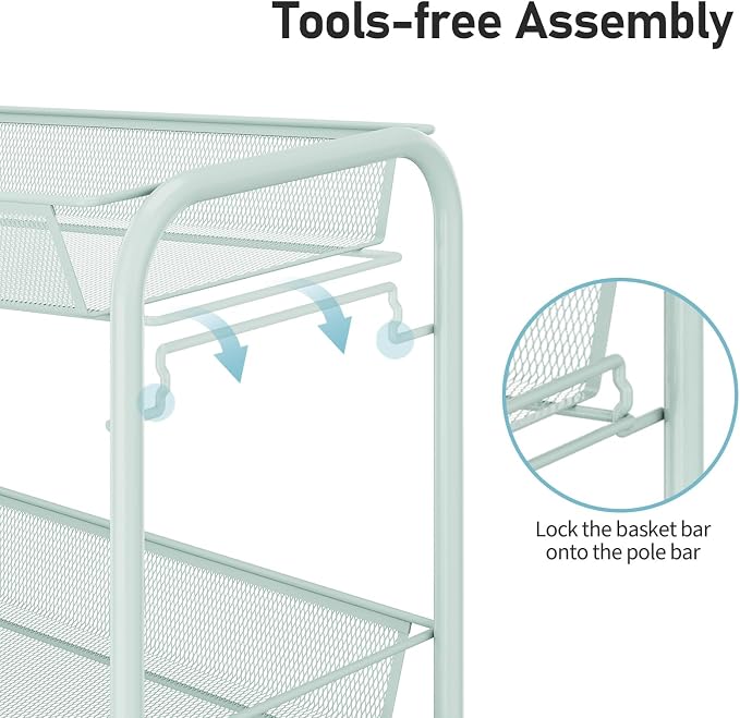 TOOLF 3 Tier Rolling Cart, Metal Utility Storage Cart with Wheels, Green | 3 Hooks, Screwless Assembly, Trolley Organizer for Bathroom, Kitchen, Office, Nursery, Dorm, Laundry Room