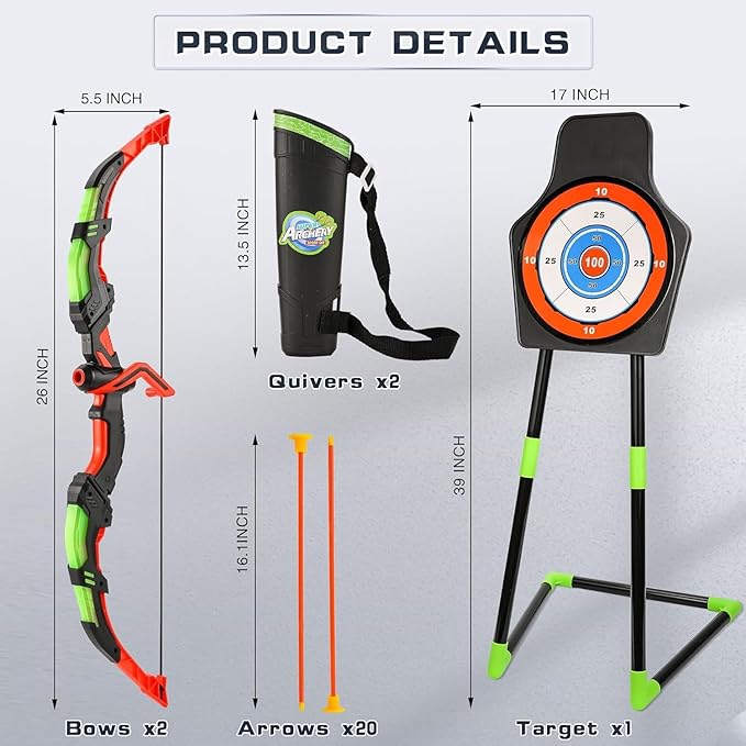 Bow and Arrow Set for Kids, 2-Pack LED Light Up Archery Set with 20 Suction Cup Arrows, Indoor and Outdoor Toy for Boys Girls Age 4-8 8-12 with Standing Target&2 Quivers, Birthday Gift 3-12 Years Old