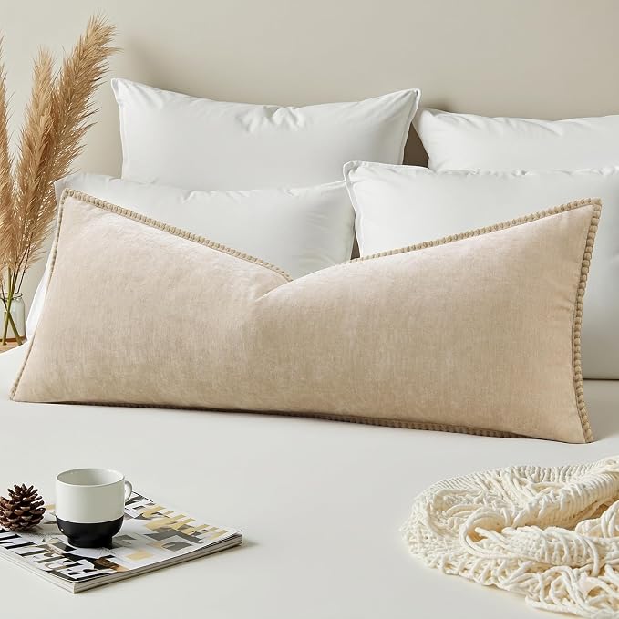 decorUhome Soft Chenille Throw Pillow Covers 14x36 Pack of 1 Beige | Fall Textured Decorative Throw Pillow Cases Stitched Edge Modern Farmhouse Luxury Boho Velvet for Couch Sofa Bed Home Decor