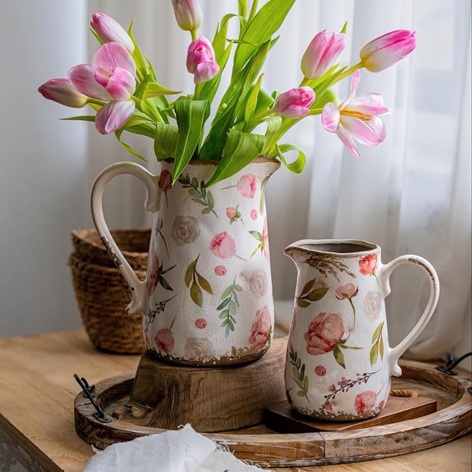 Retro Rustic Large Ceramic Vase with Handle, Distressed Farmhouse Pitcher for Home, Ideal Shelf Decor Floral Vase for Living Room Bedroom Office Table Centerpiece Decorations 9 Inch