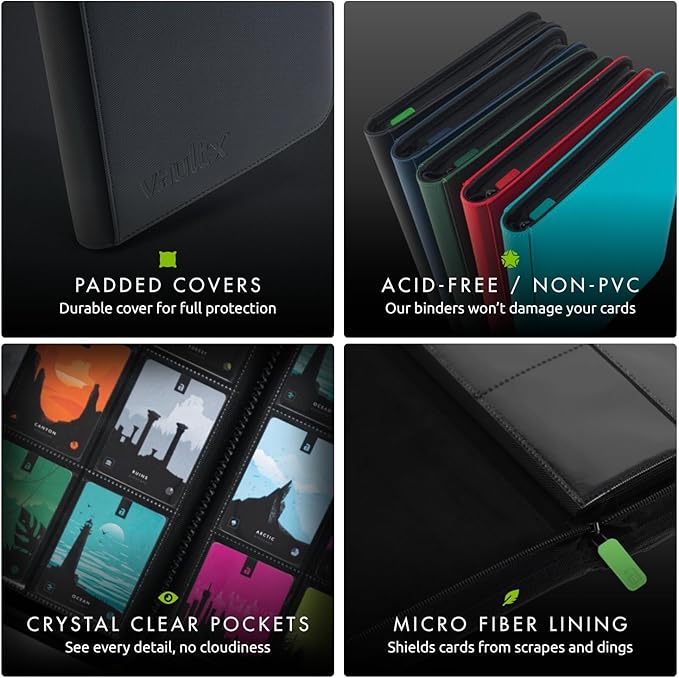 Vault X 4 Pocket Zip Binder, 160 Cards, Exo-Tec Material, 20 Side-Loading Pages (Black)