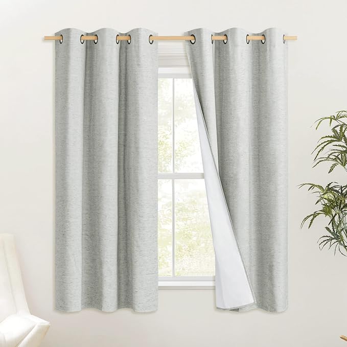 NICETOWN Grey 100% Blackout Curtain Panels, Set of 2, 34" Wide by 48" Long, Thermal Insulated White Thermal Insulated Liner Drapes for Nursery, Noise Reducing and Heat Blocking Drapes for Windows