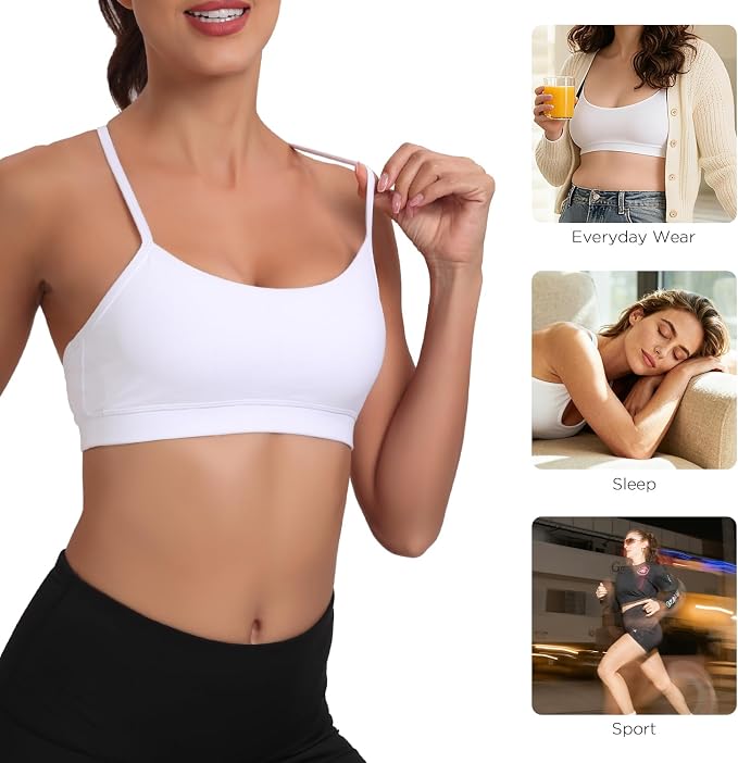 Raxnode Women's 3-Pack Y-Back Sports Bra, Thin Spaghetti Strap Nylon Yoga Bra with Removable Cups, Light Support Bralettes