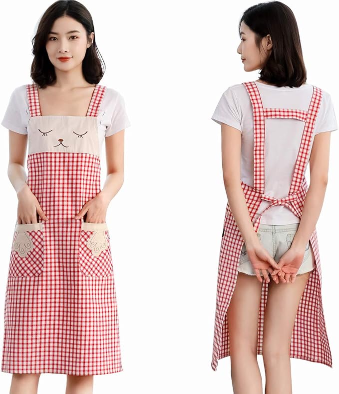 NEWGEM 100% Cotton Cute Plaid Apron with Pockets - Korean Style H-Back Cat Pinafore for Gardening, Farmhouse Kitchen (Red/White Cat)