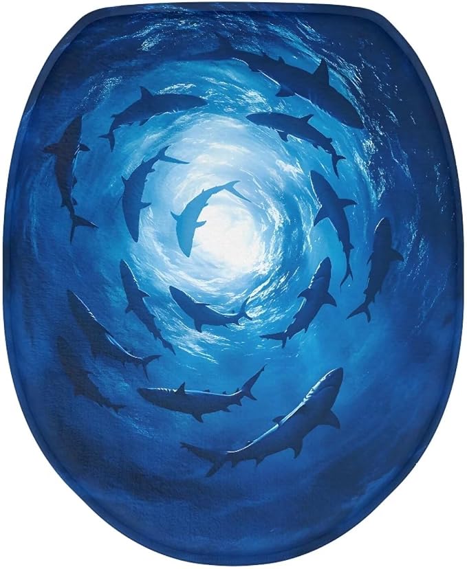 Ocean Shark Toilet Seat Covers for Bathroom Flannel Fabric Toilet Covers Pad Soft and Breathable Toilet Lid Cover Flannel Fabric Universal for Most Toilet Bowl Lids Blue
