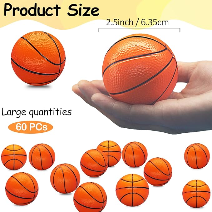 60 Pcs Mini Basketball Stress Balls Mini Basketball Party Favor 2.5'' Inch Mini Foam Sports Ball Squeeze Ball Anxiety Stress Relief for Basketball Party Sports Game Kid Prize Carnival School Gift