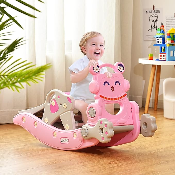 HONEY JOY Toddler Slide Rocking Toy, 6 in 1 Convertible Freestanding Slide for Kids w/Basketball Hoop/Ring Toss Game/Rocking Horse/Stool, Foldable Baby Climber Playground Slide for Indoors Outdoors