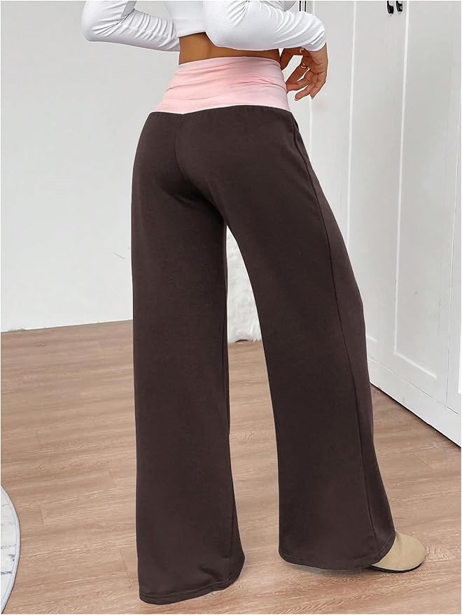 SOLY HUX Women's Sweatpants Color Block Low Rise Fold Over Waist Baggy Wide Leg Pants