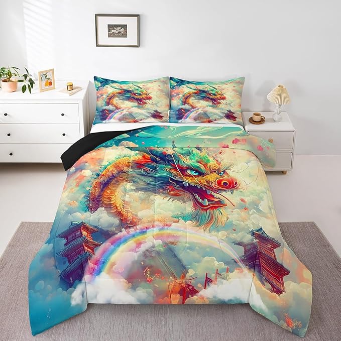 Feelyou Dragon Comforter Set Queen Size Dragon Stuff Comforter for Boys Girls Teens Wild Life Bedding Set Dragon Decor Duvet Set Room Decor Rainbow Quilt Set