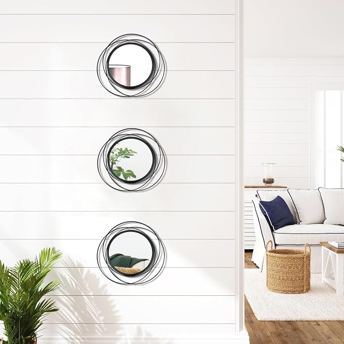 3 Set Round Mirrors for Wall Decor Living Room Bedroom Bathroom Dining Room Metal Circle Mirror Set Boho Decorative Sunburst Wall Art Accent Entryway - Black 9.5 in