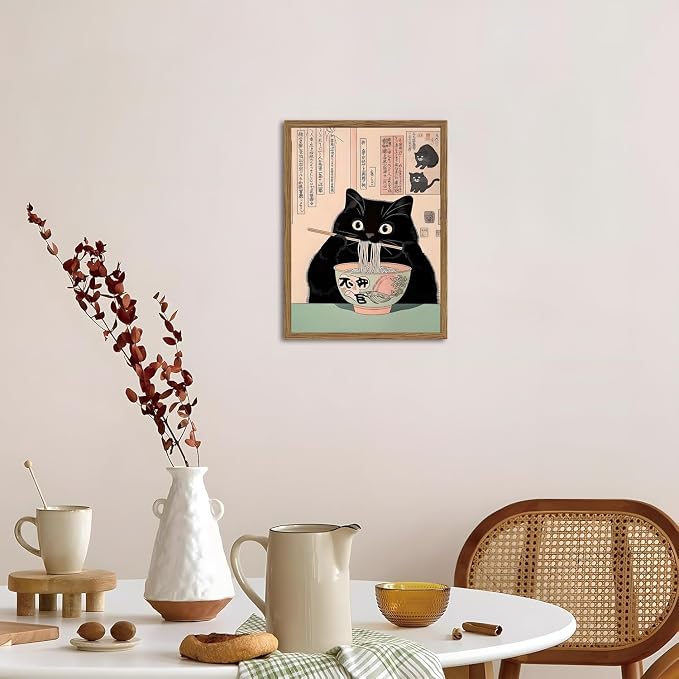 Funny Japanese kitchen Black Cat Wall Art, Whimsical Cat Eating Noodles Wall Decor Painting, Cute Animal Canvas Poster Eclectic Pet Dining Room Prints Artwork Wood Framed 12x16 inch