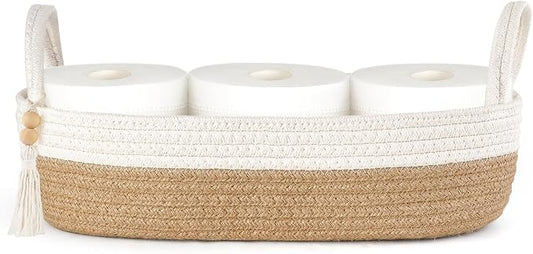 Mkono Toilet Paper Basket, Boho Bathroom Decor, Small Storage Organizer | Brown and White, 15.7"L x 6"W, Back of Toilet Basket, Decorative Woven Tray with Handles, Space-Saving, Living Room Bedroom