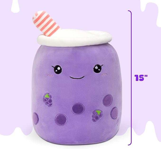 Athoinsu Light Up Grape Boba Bubble Tea Cup Pillow, 15 inch Kawaii Plushies with Colorful LED Lights, Cute & Squishy Glow Pillows, Soft Plush Stuffed Toys for Kids,Girls,Boys (Purple, Medium)
