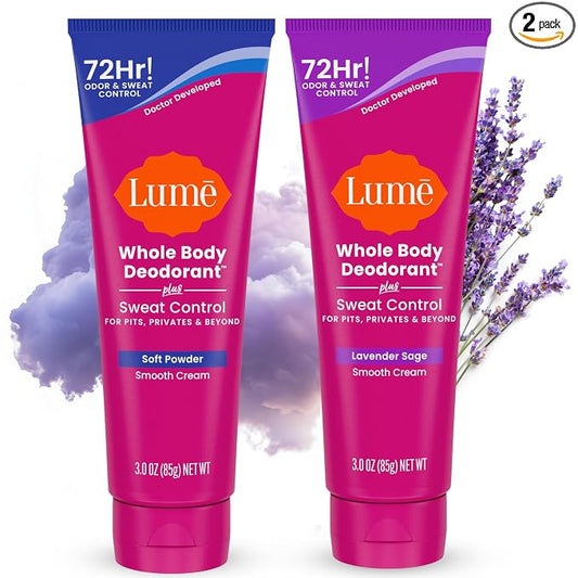 Lume Whole Body Deodorant Plus Sweat Control - Smooth Cream Tube - 72 Hour Odor And Sweat Control - Baking Soda Free, Skin Loving - 3.0 ounce (Pack of 2) (Soft Powder & Lavender Sage)