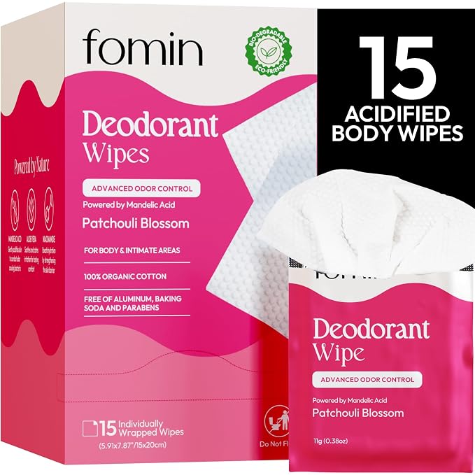 FOMIN Acidified Travel Deodorant Wipes For Women & Men - 15 Count - Patchouli Blossom - pH Balanced, Mini Deodorant Travel Size Wipes - Plastic-Free, Individually Wrapped Underarm Body Wipe