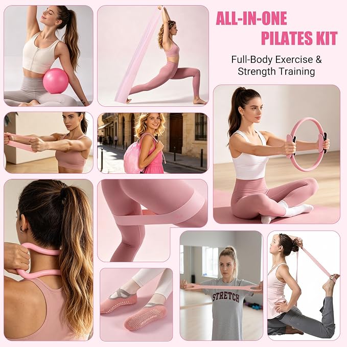 Qinkada Pilates Kit, Pilates Equipment Home Workout Essentials Set with 15" Pilates Ring and Yoga Ball, Resistance Bands, Figure 8 Resistance Band, Arm Exerciser, Yoga Strap, Socks, Bag Accessories