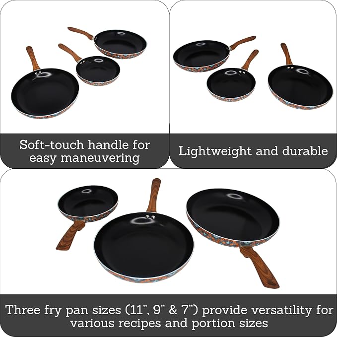 IMUSA 3 Piece 7, 9 & 11 Inch Talavera Aluminum Black Ceramic Fry Pan Set | Nonstick Ceramic Coating, Soft-Touch Handles, Talavera Exterior Design, Ideal for Frying and Sautéing