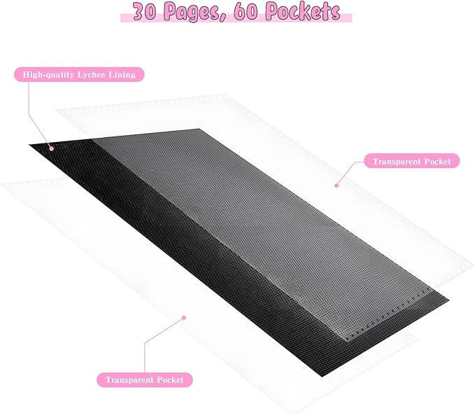 Jumbo Card Binder – WITHYU PU Leather Ringless Card Collection Binder with 60 Pockets, 5.7'' x 7.9''Card Holders Storage Album for Game Card (Pink)