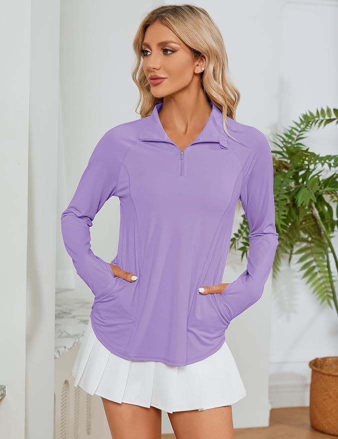 LOMON Women Long Sleeve Shirts Sun Protection 1/4 Zip Summer Quick Dry Hiking Shirts Quarter Zip Pullover for Women
