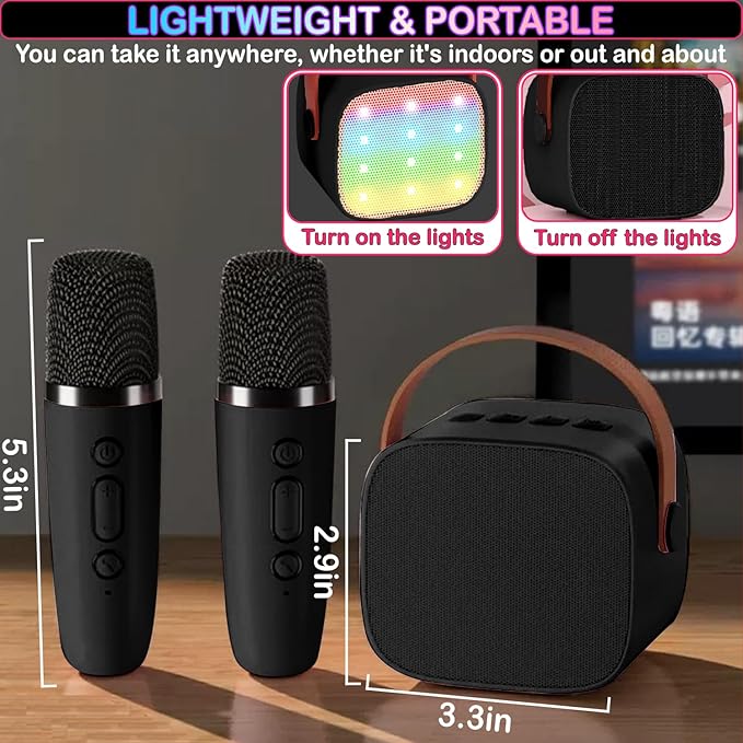 Mini Karaoke Machine for Kids & Adults, Kids Toys for Girls & Boys Gifts, Bluetooth Speaker with 2 Wireless Microphone for Kids Adults Toddler Girls Home Party Birthday Gifts Black