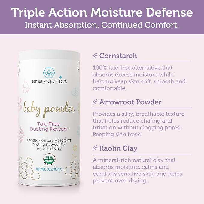 Era Organics Talc-Free Organic Baby Powder - USDA Organic Dusting Powder with Arrowroot, Calendula and Cornstarch for Newborns, Babies or Toddlers - Soothing, Fragrance Free (3oz/85g) - 3 Pack