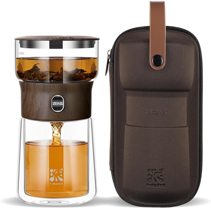ZENS Modern Glass Tea Infuser Teapot, Smart One Touch Tea Maker for Loose Tea Diffusers with Insulated Mug and Cute Portable Walnuts Tea Kits for Tea Lover Gifts