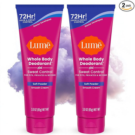 Lume Whole Body Deodorant Plus Sweat Control - Smooth Cream Tube - 72 Hour Odor And Sweat Control - Baking Soda Free, Skin Loving - 3.0 ounce (Pack of 2) (Soft Powder)