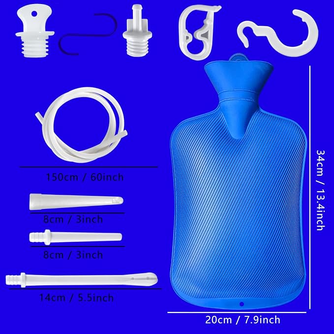 2 Quart Home Enema Bag Kit with Hose Tips and Water Flow Clamp - Colon Cleansing Enema Bag (Blue)