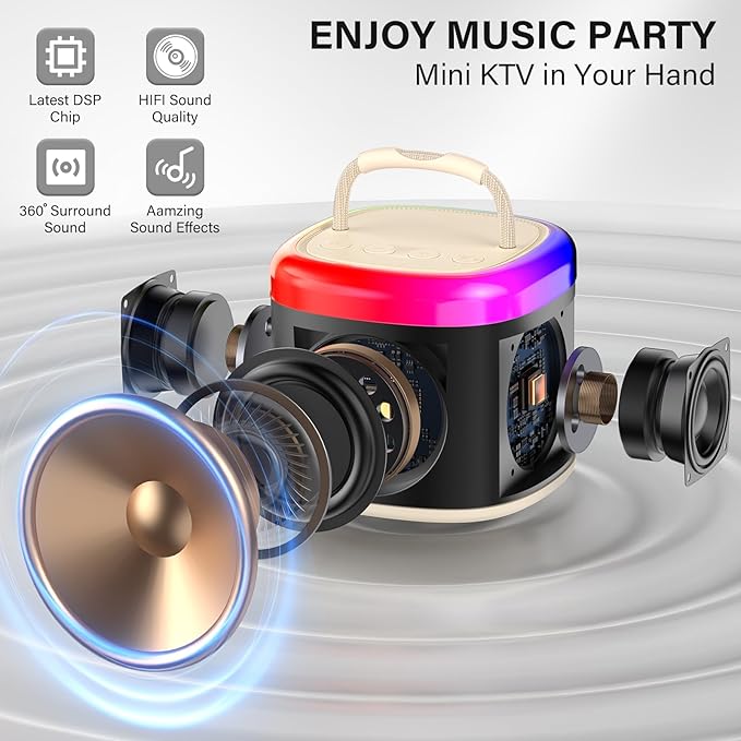 JYX Mini Karaoke Machine for Kids, Portable Bluetooth Karaoke Speaker Unpowered Cabinets with 2 Wireless Microphones and Party Lights for Adults, Birthday Gifts for Girls Boys Family Home Party(Beige)