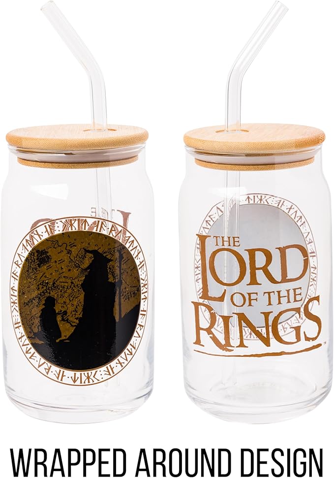 Silver Buffalo Lord of the Rings Hobbiton Glass Jar Tumbler with Bamboo Lid and Glass Straw, 16 Ounces