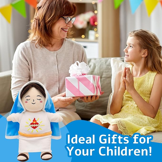 Breathing Plush Virgin Mary Doll Soothing Guardian Angel with Light & Sound,Baptism plushie Toy Gifts for Kids for Christening Religious Easter
