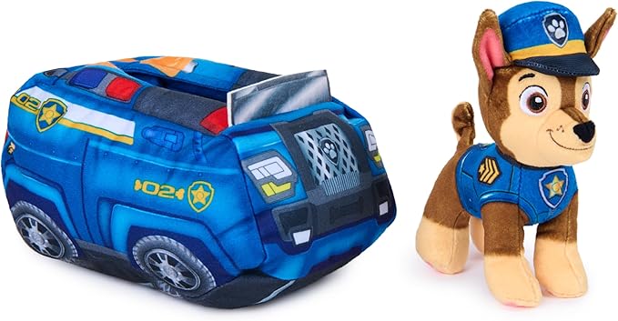 Paw Patrol Chase 2-in-1 Vehicle Plush, 6-Inch Stuffed Animal with 8-Inch Plush Toy Police Cruiser, Kids Toys for Boys and Girls Ages 3 and Up