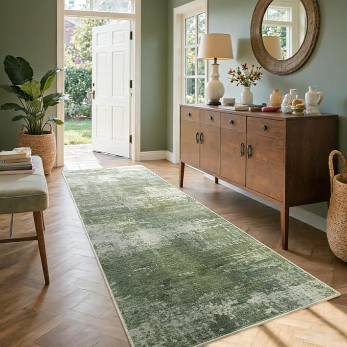 2x6 Ft Washable Runner Rug, Non-Slip Low Pile Hallway Kitchen Area Rug, Soft Long Entryway Floor Mat Abstract Pattern Carpet for Bedside & High-Traffic Areas (Green/White)