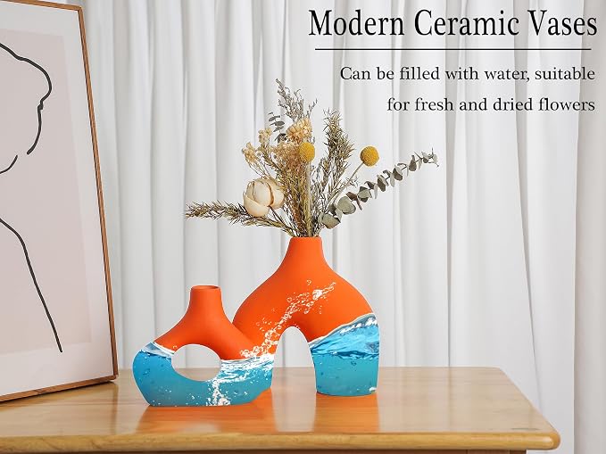 CEMABT Orange Ceramic Vase Set of 2 for Modern Minimalist Bohemian Decor，Round Matte Donut Vases for Pampas Grass-Perfect for Living Room, Dining Table, Office Bedroom Shelf Decor Entryway, Console