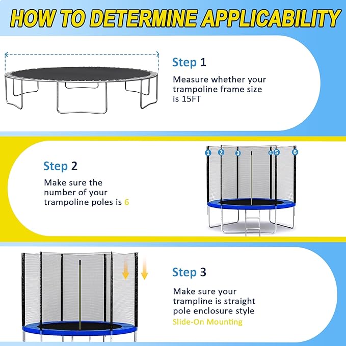 10Ft/15Ft Trampoline Net Replacement Safety Enclosure Net for 6 Straight Poles, Slide-On Mounting PE Tightly Woven Mesh Netting Included Ropes (Not Include Trampoline Poles)